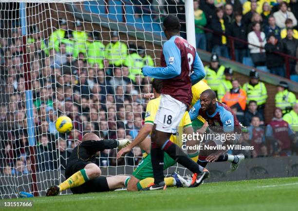 Darren Bent of Aston Villa scores for Aston Villa during the Barclays Premier League match between Aston Villa and Norwich City at Villa Park on...