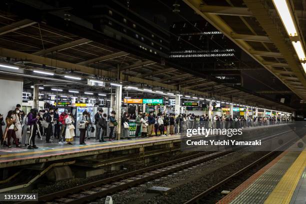 People wait a train at Ikebukuro station on April 29, 2021 in Tokyo, Japan. As Japan’s Golden Week holiday gets underway, the governors of Tokyo and...