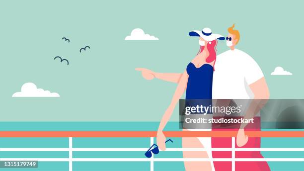 ship deck couple with face mask - boat deck stock illustrations