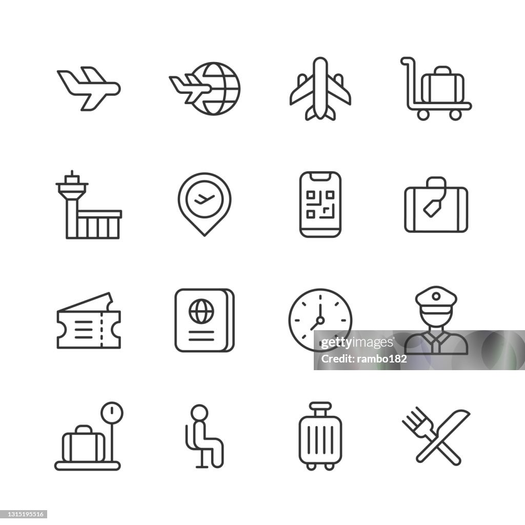 Iconos de la línea del aeropuerto. Trazo editable. Pixel Perfecto. Para móviles y web. Contiene iconos como Avión, Pago, Cambio de divisas, Vuelo, Vuelo, Equipaje, Pasajero, Pasaporte, Seguridad, Horario, Maleta, Terminal, Billete, Transporte, Viajes, V