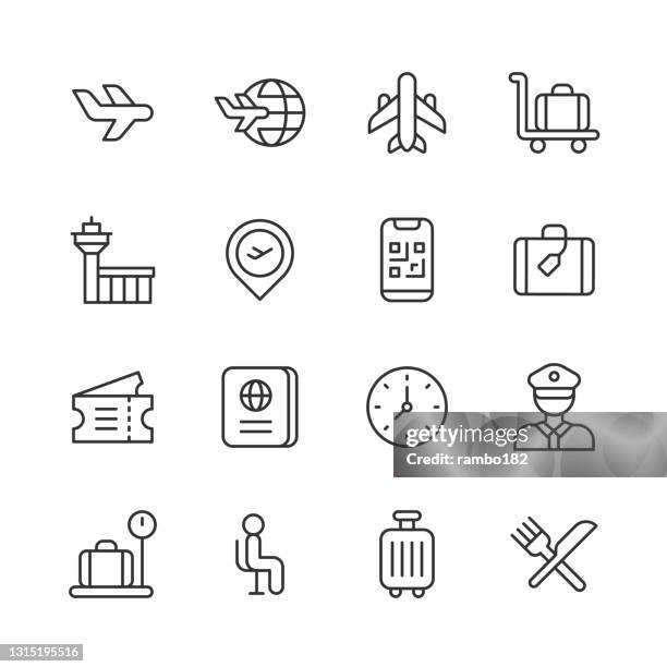 ilustrações, clipart, desenhos animados e ícones de ícones da linha do aeroporto. golpe editável. pixel perfeito. para mobile e web. contém ícones como avião, checkout, câmbio, voo, voo, bagagem, passageiro, passaporte, segurança, horário, mala, terminal, bilhete, transporte, viagem, férias. - airplane ticket