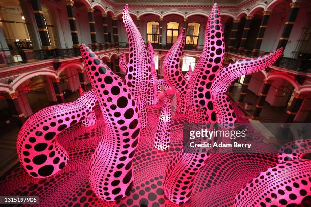 The sculpture "A Bouquet of Love I Saw In the Universe" by Yayoi Kusama is seen at the "Yayoi Kusama: A Retrospective - A Bouquet of Love I Saw In...