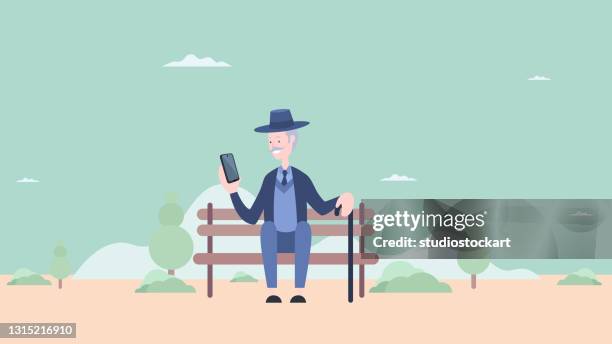 old man talking video talk - sitting park bench stock illustrations