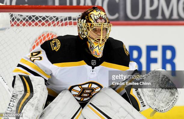 Tuukka Rask of the Boston Bruins in action during a game between the Pittsburgh Penguins and Boston Bruins at PPG PAINTS Arena on April 27, 2021 in...