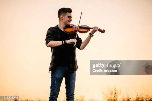 violin player performing on meadow - violinist stock pictures, royalty-free photos & images