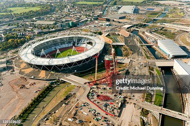 aerial shot of olympic site and stadium - london olympic park stock pictures, royalty-free photos & images