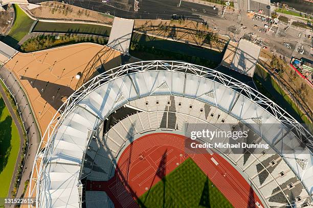 aerial shot of olympic site and stadium - london olympic park stock pictures, royalty-free photos & images