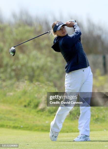 Amy Boulden of Wales plays her tee shot on the fourth hole during The Rose Ladies Series at West Lancashire Golf Club on April 29, 2021 in Liverpool,...