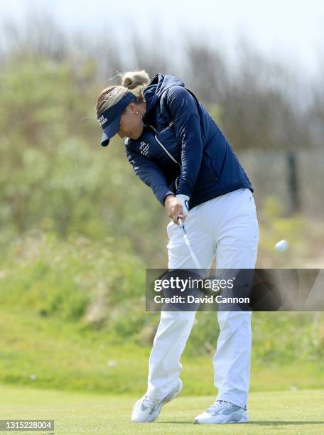 Amy Boulden of Wales plays her tee shot on the fourth hole during The Rose Ladies Series at West Lancashire Golf Club on April 29, 2021 in Liverpool,...
