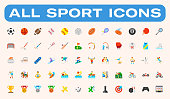 All Type of Sports Vector Icons Set. Sports, Leisure Games, Activities, Sport Equipments, Musical Instruments Cartoon Style Vector Symbols Collection