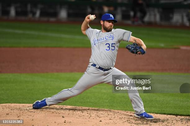 Greg Holland of the Kansas City Royals in action during the game against the Pittsburgh Pirates at PNC Park on April 27, 2021 in Pittsburgh,...