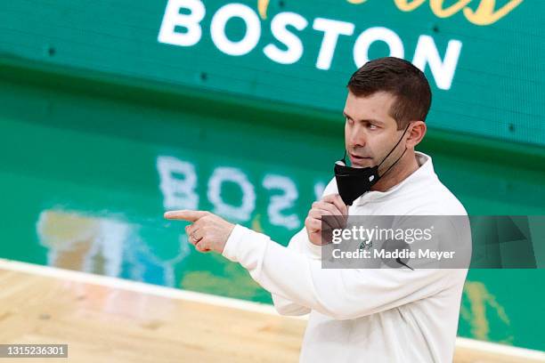 Boston Celtics Head Coach Brad Stevens directs his team against the Charlotte Hornets at TD Garden on April 28, 2021 in Boston, Massachusetts. The...