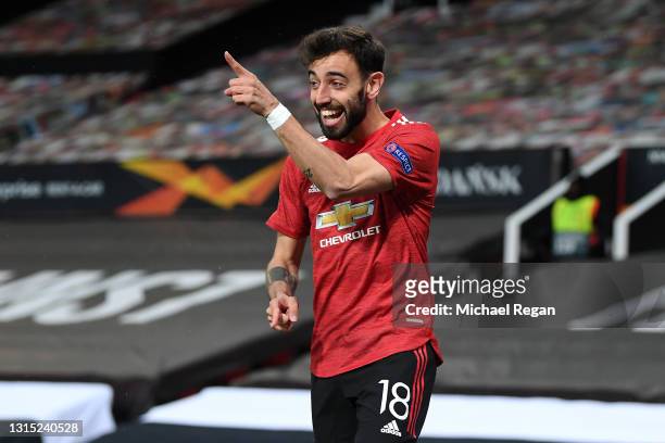 Bruno Fernandes of Manchester United celebrates after scoring their team's first goal during the UEFA Europa League Semi-final First Leg match...