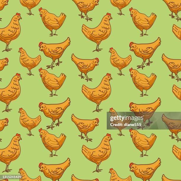 seamless chicken background patterns - cartoon chickens stock illustrations