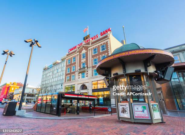 harvard square at sunset. subway stop, kiosk, and massachusetts ave buildings - cambridge massachusetts stock pictures, royalty-free photos & images