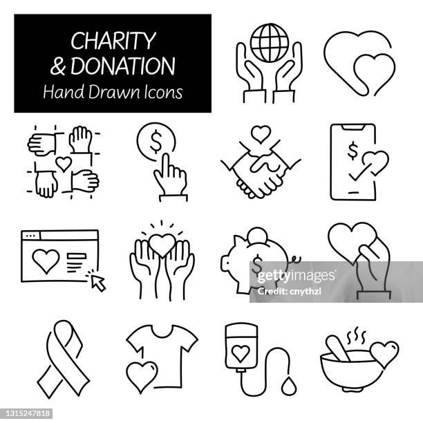 charity and donation related hand drawn icons, doodle elements vector illustration - community involvement icon stock illustrations