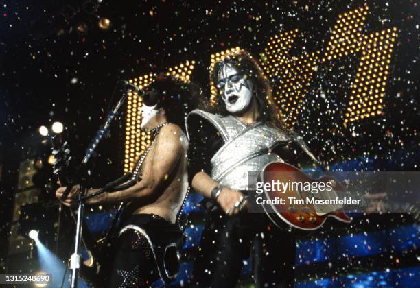 Paul Stanley and Ace Frehley of Kiss perform at Arco Arena on August 28, 1996 in Sacramento, California.