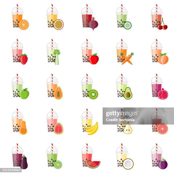 bubble tea flavors icon set - bubble tea stock illustrations