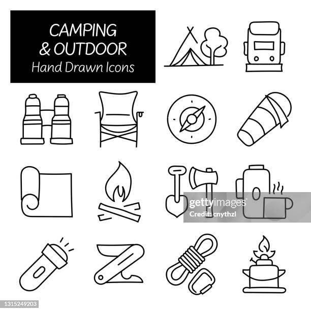 camping and outdoor related hand drawn icons, doodle elements vector illustration - setting up tent stock illustrations