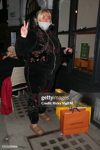 Gemma Collins is seen at Spaghetti House on Duke Street on April 29, 2021 in London, England.