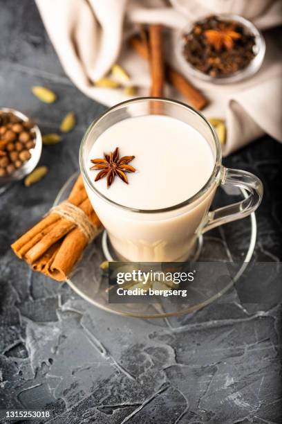 indiase masala chai thee met kaneel en kruiden - anise stockfoto's en -beelden