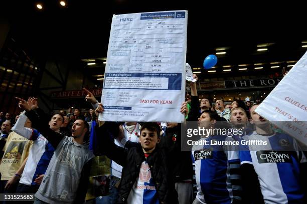 Blackburn Rovers fans protest against Manager Steve Kean at the end of the Barclays Premier League match between Blackburn Rovers and Chelsea at...