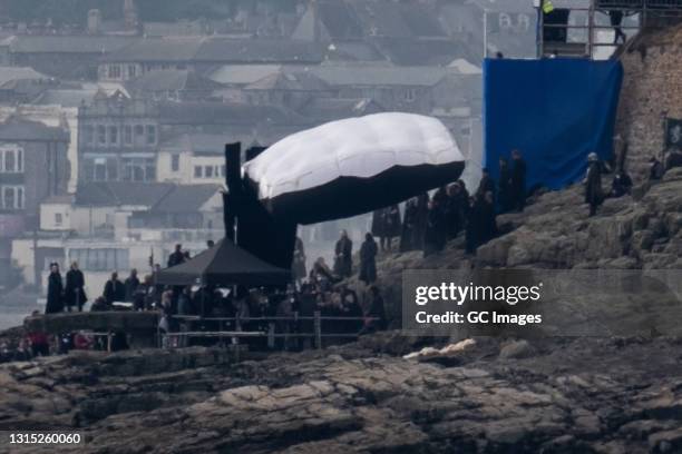 Extras and crew seen on the film set for the new Game of Thrones prequel 'House of the Dragon' at St Michael's Mount on April 29, 2021 near Penzance,...