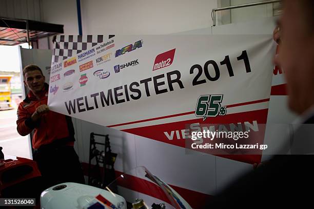 The team of Stefan Bradl of Germany and Viessmann Kiefer Racing celebrates in box the winner of the World Championship Moto2 during MotoGP of...