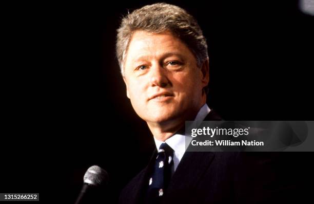 American lawyer and politician who served as the 42nd President of the United States from 1993 to 2001 Bill Clinton, speaks at an event circa 1996 in...