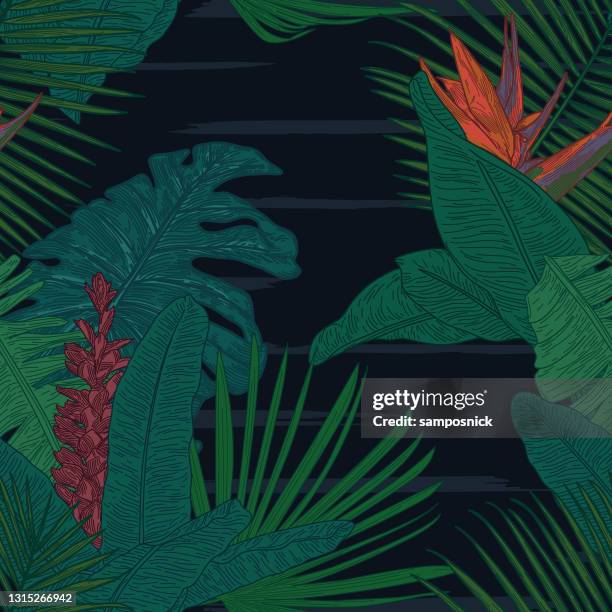 moody seamless tropical leaf palm floral pattern background - tropical flower stock illustrations