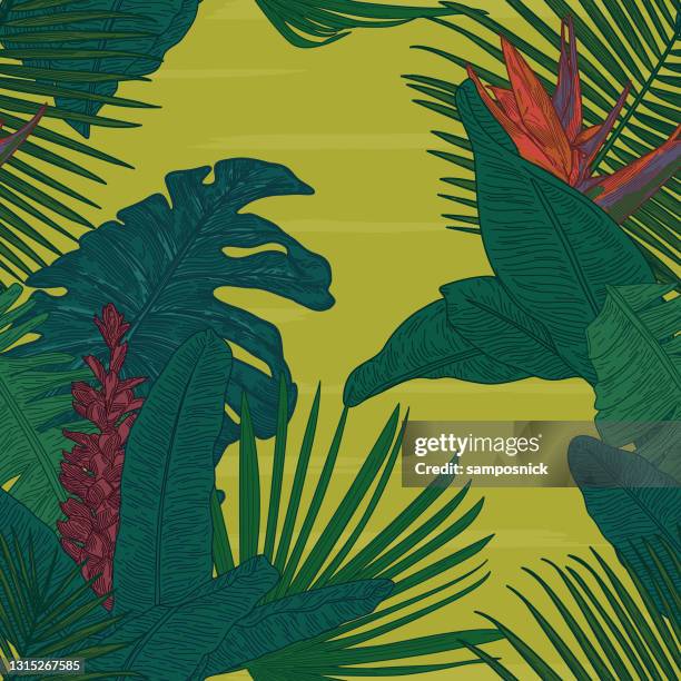 moody nahtlose tropischen blatt palm floral muster hintergrund - woodcut stock-grafiken, -clipart, -cartoons und -symbole