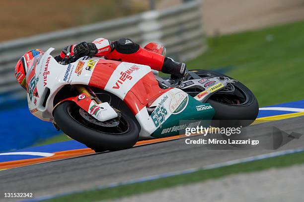 Stefan Bradl of Germany and Viessmann Kiefer Racing rounds the bend during the qualifying practice of the MotoGP of Valencia at Ricardo Tormo Circuit...