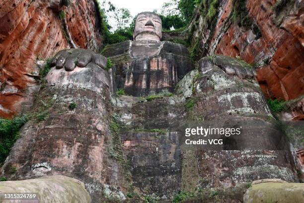 The Leshan Giant Buddha stone statue is pictured on April 28, 2021 in Leshan, Sichuan Province of China.