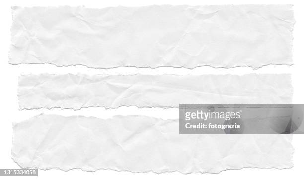 wrinkled torn pieces of paper on white background - document stock-fotos und bilder