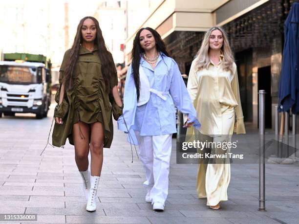 Leigh-Anne Pinnock, Jade Thirlwall and Perrie Edwards of Little Mix arrive at Global radio studios on April 30, 2021 in London, England.