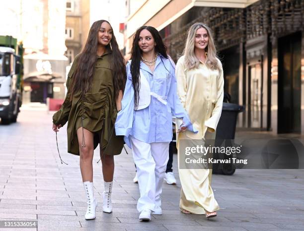 Leigh-Anne Pinnock, Jade Thirlwall and Perrie Edwards of Little Mix arrive at Global radio studios on April 30, 2021 in London, England.