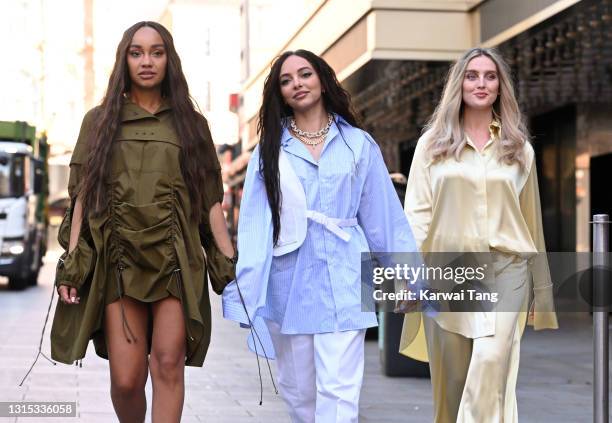 Leigh-Anne Pinnock, Jade Thirlwall and Perrie Edwards of Little Mix arrive at Global radio studios on April 30, 2021 in London, England.