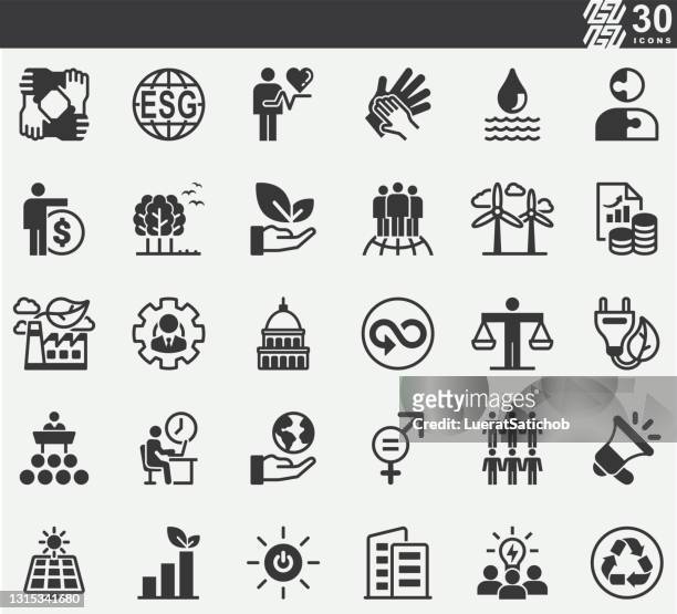 stockillustraties, clipart, cartoons en iconen met esg, environmental social governance report silhouette pictogrammen - general views of shanghais economy