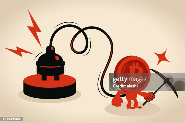 anthropomorphic bitcoin man with an electrical plug is holding a pickaxe, concept about bitcoin cryptocurrency and energy consumption (energy-intensive) - climate change money stock illustrations