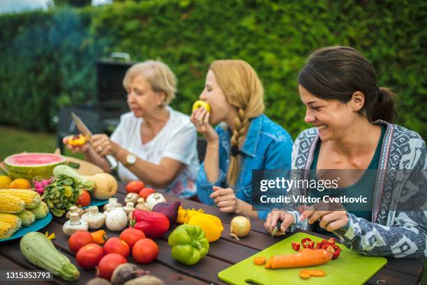 vegan gesundheit essen - grill - barbeque party woman stock-fotos und bilder