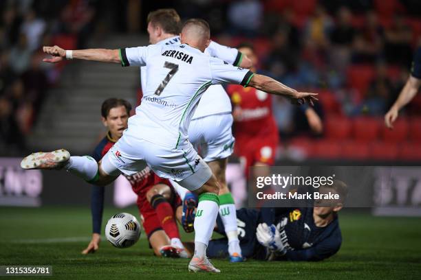 Besart Berisha of Western United shoots for goal from an offside position during the A-League match between Adelaide United and Western United at...