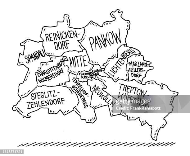 administrative city map of berlin drawing - berlin map stock illustrations