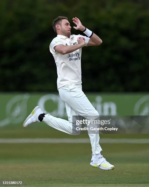 Stuart Broad of Nottinghamshire bowls during the LV= Insurance County Championship match between at Derbyshire and Nottinghamshire at The Incora...