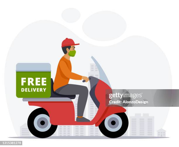 ilustraciones, imágenes clip art, dibujos animados e iconos de stock de repartidor en una moto. - motor eléctrico