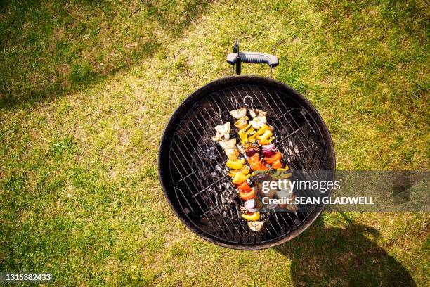 above bbq on grass - barbecue grill fotografías e imágenes de stock