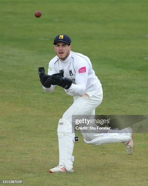 Warwickshire wicketkeeper Michael Burgess in action during day two of the LV= Insurance County Championship match between Durham and Warwickshire at...