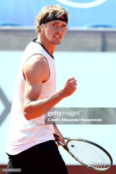 Alexander Zverev of Germany reacts during his quater final match against Ilya Ivashka of Belaruss on day 7 of the BMW Open at MTTC IPHITOS on April...