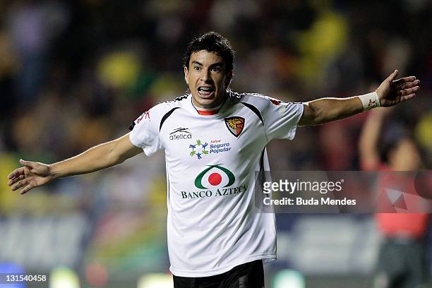 Jorge Rodriguez of Jaguares reacts during a match between Morelia and Jaguares as part of Serie A 2011 at Morelos stadium on November 04, 2011 in...