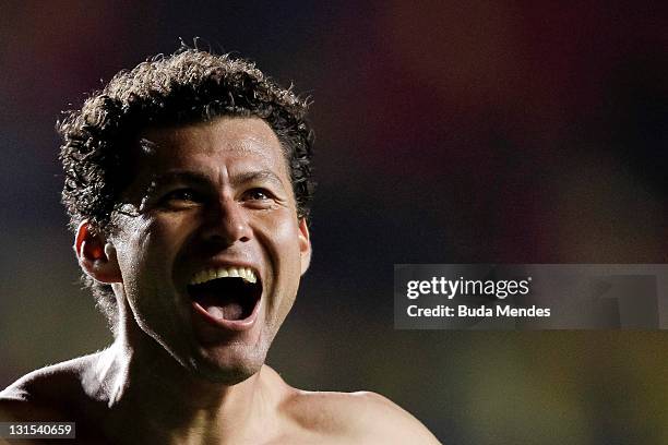 Miguel Sabah of Morelia celebrates a scored goal against Jaguares during a match between Morelia and Jaguares as part of Serie A 2011 at Morelos...