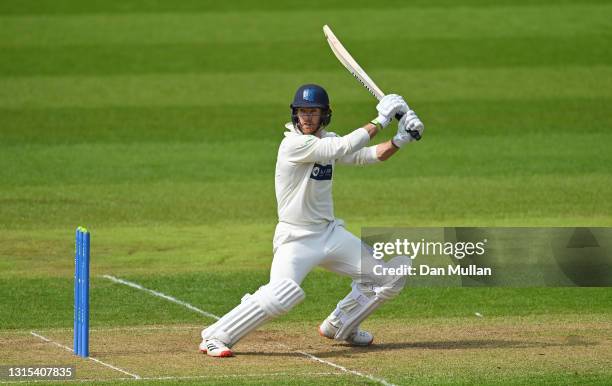 James Harris of Glamorgan bats during day two of the LV= County Championship match between Glamorgan and Kent at Sophia Gardens on April 30, 2021 in...